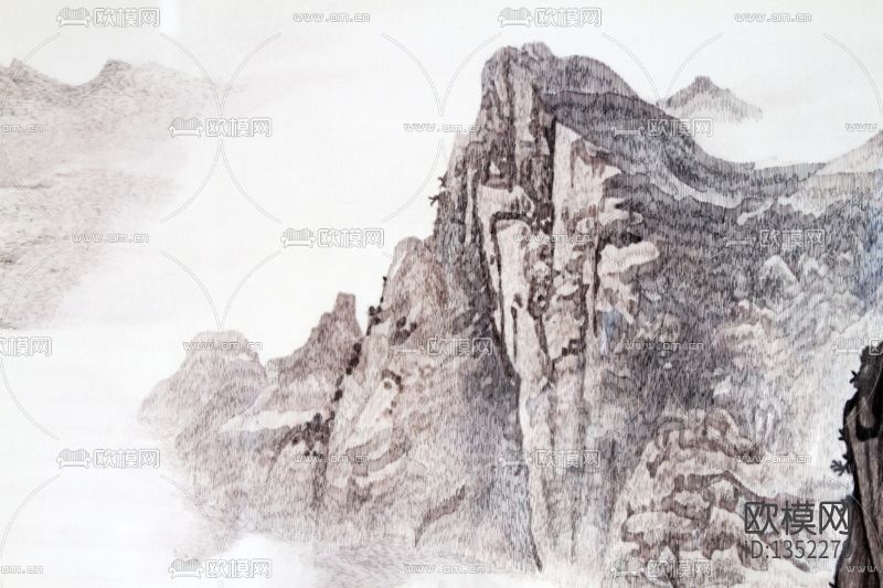 新中式水墨山水圆形装饰画下载（渲染图3）