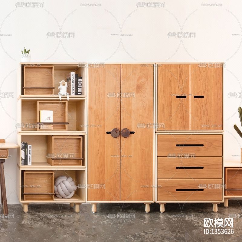 北欧简约圆珠黑胡桃木儿童斗柜下载（渲染图4）