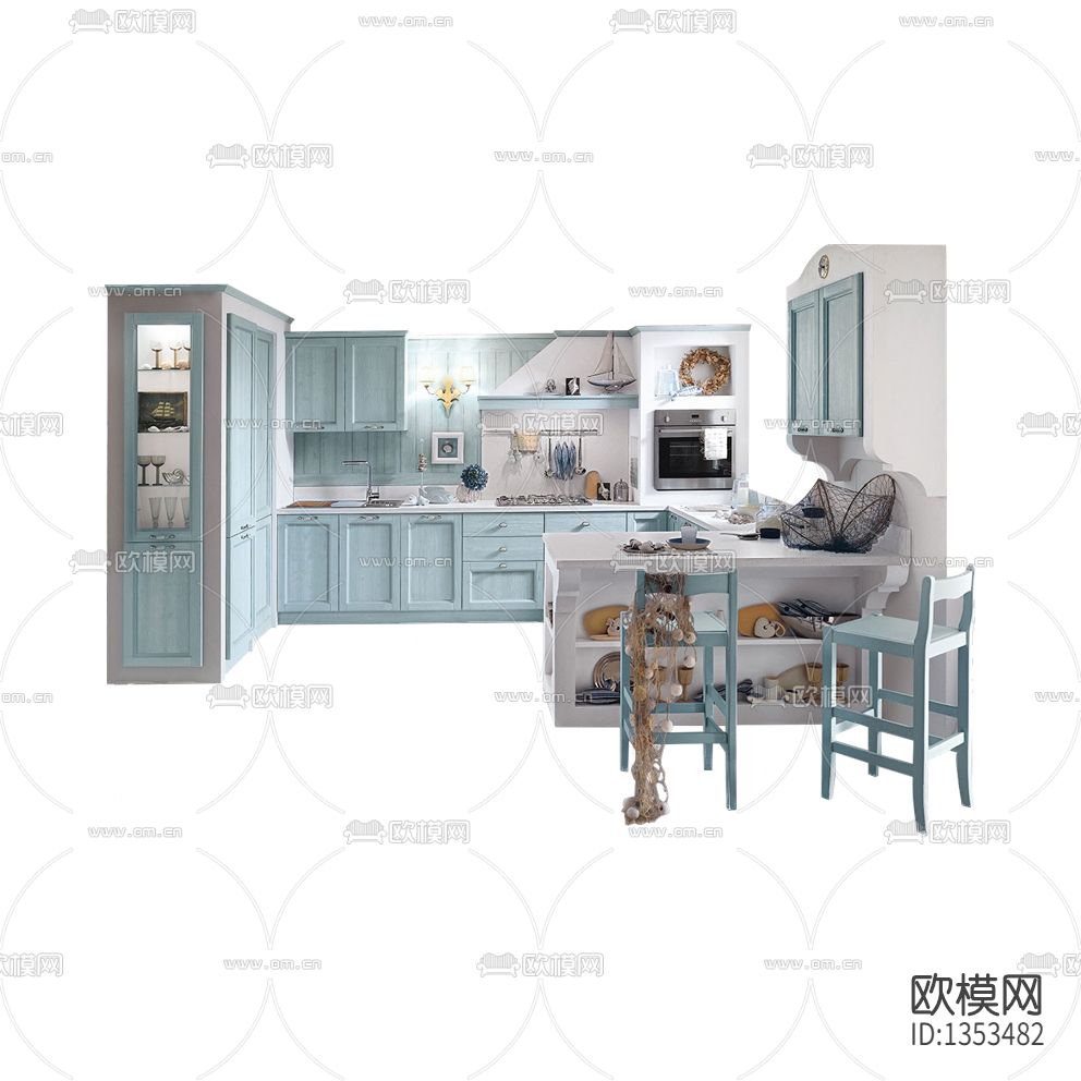 美式简约粉蓝色实木大理石橱柜下载