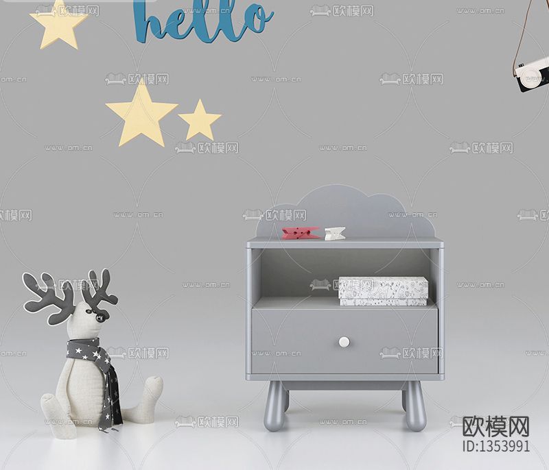 北欧简约实木云朵儿童床头柜下载（渲染图2）