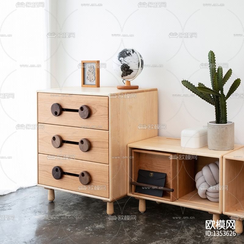 北欧简约圆珠黑胡桃木儿童斗柜下载（渲染图3）