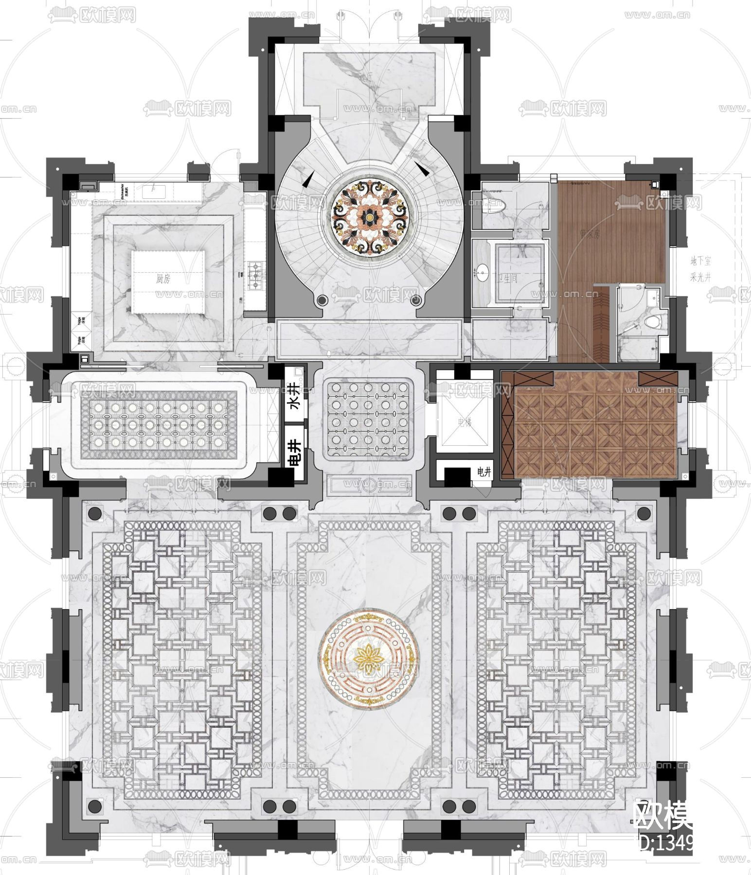 青岛万达1000M²独栋豪宅cad施工图下载（渲染图10）