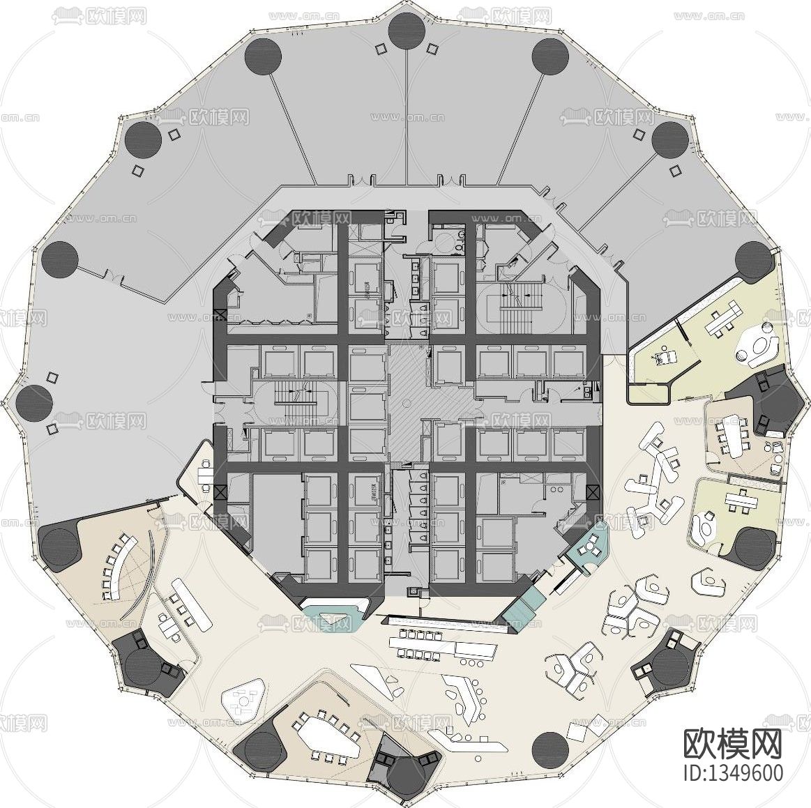 成都绿地中心大堂办公室cad施工图下载（渲染图6）