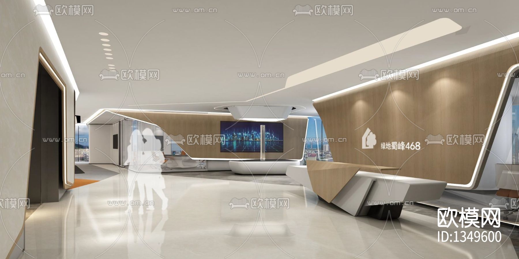 成都绿地中心大堂办公室cad施工图下载（渲染图2）