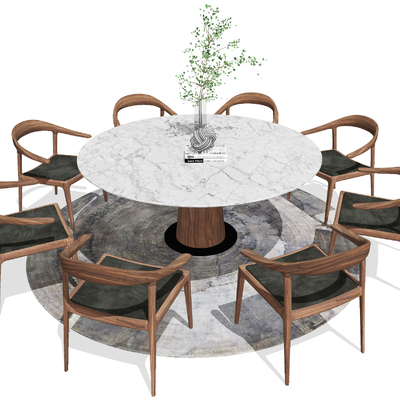新中式圆形餐桌椅su模型