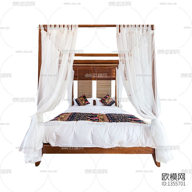 东南亚复古实木布艺双人床