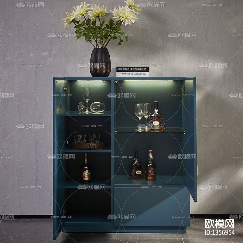 现代极简浅蓝色实木储物柜下载（渲染图3）