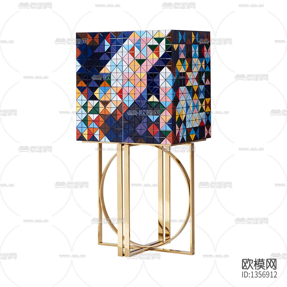 现代轻奢创意几何色块实木不锈钢储物柜下载（渲染图1）