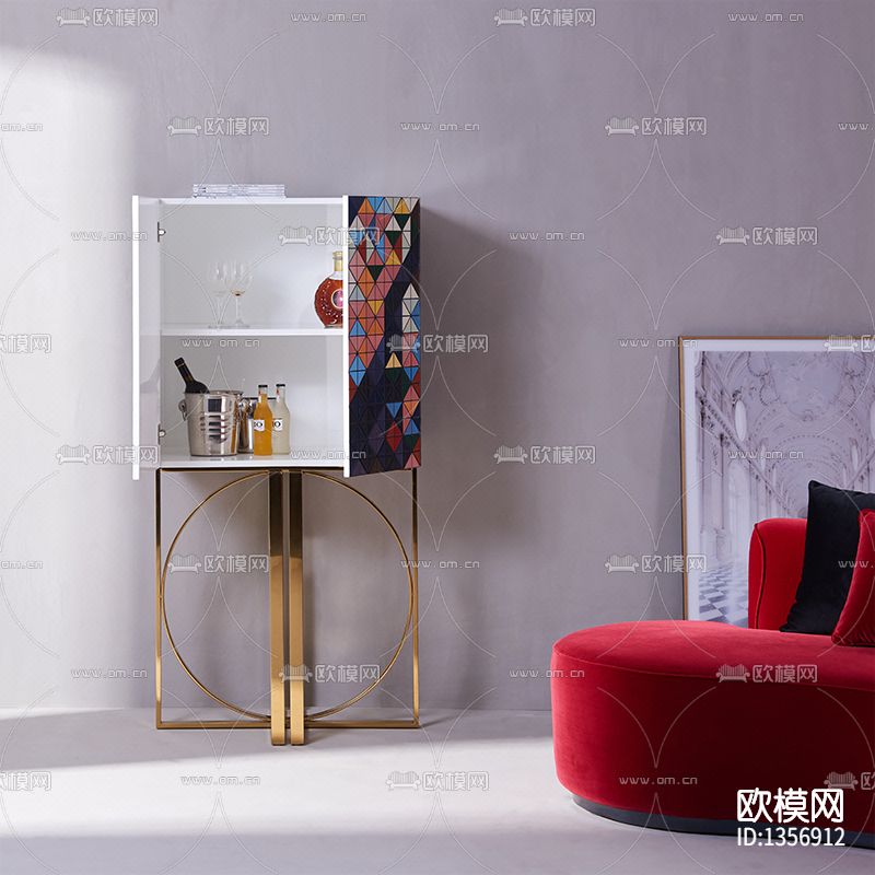 现代轻奢创意几何色块实木不锈钢储物柜下载（渲染图3）