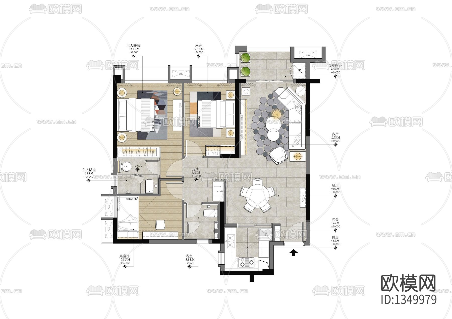 样板间cad施工图下载（渲染图6）