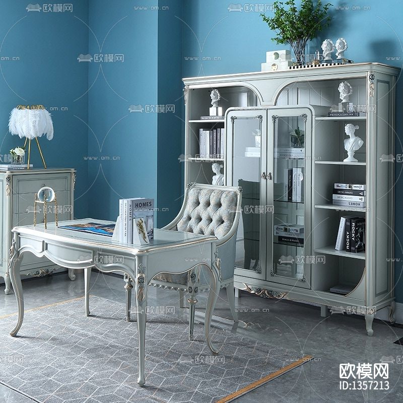 法式轻奢实木雕花书柜下载（渲染图2）