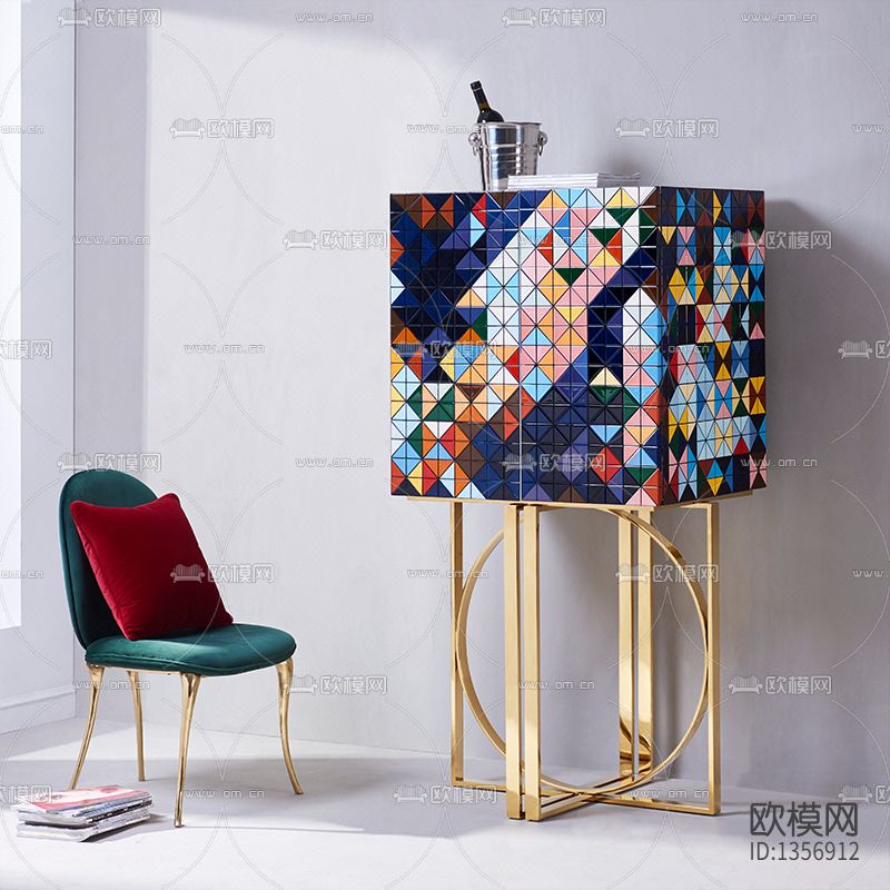 现代轻奢创意几何色块实木不锈钢储物柜下载（渲染图2）