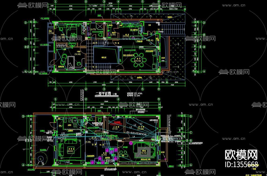 三层别墅电气cad施工图下载（渲染图4）