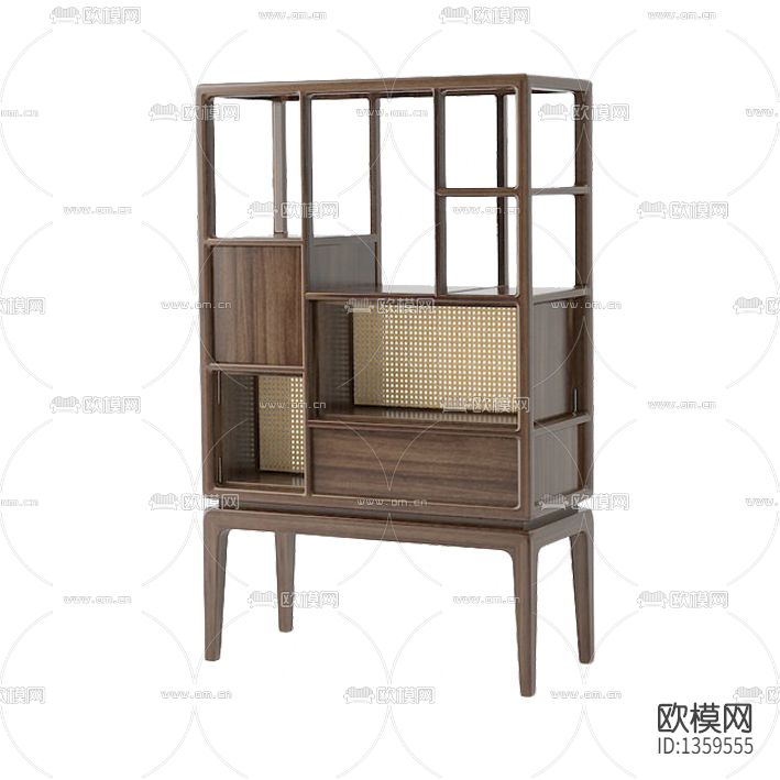 新中式禅意实木藤编展柜下载