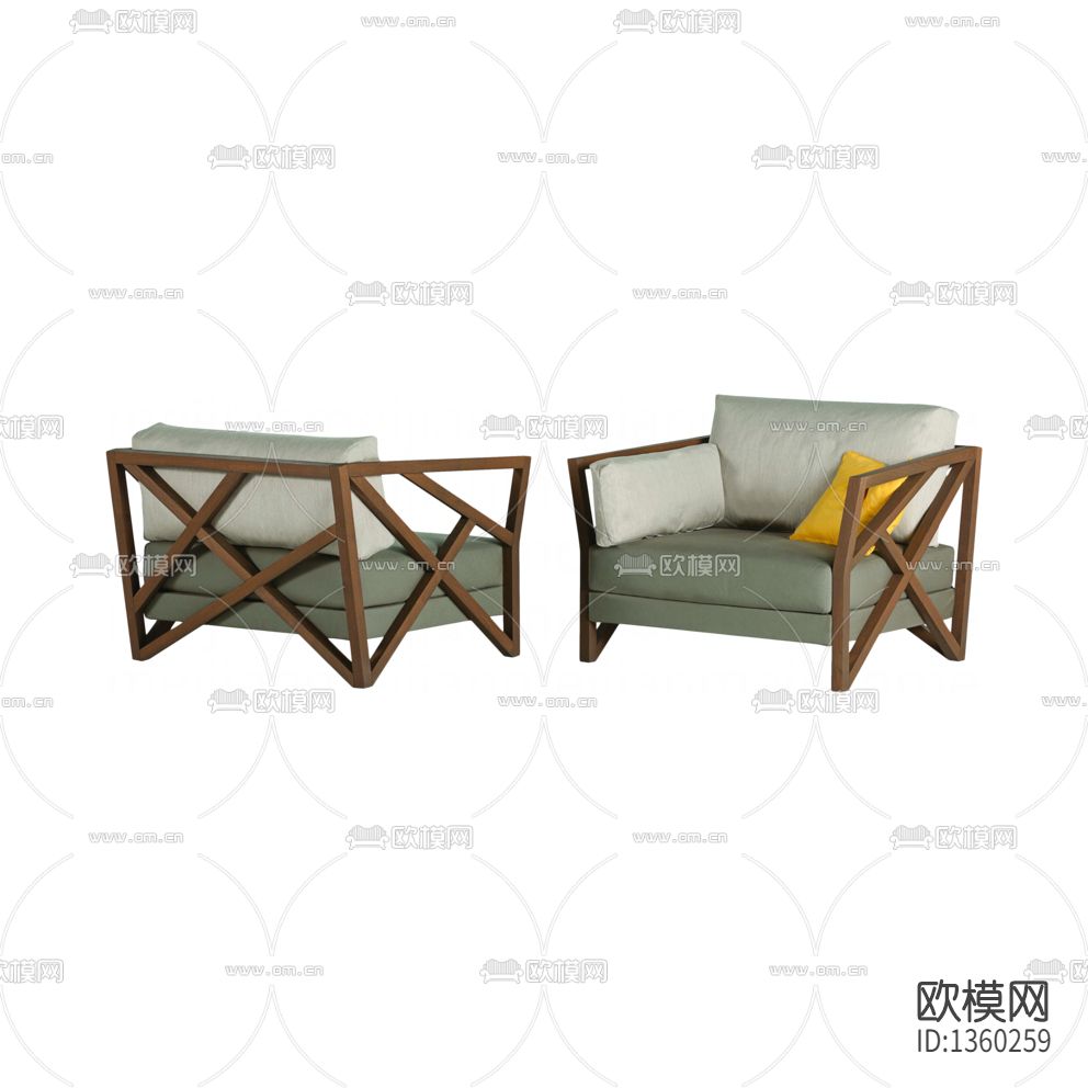 北欧简约实木布艺单人户外沙发下载（渲染图1）