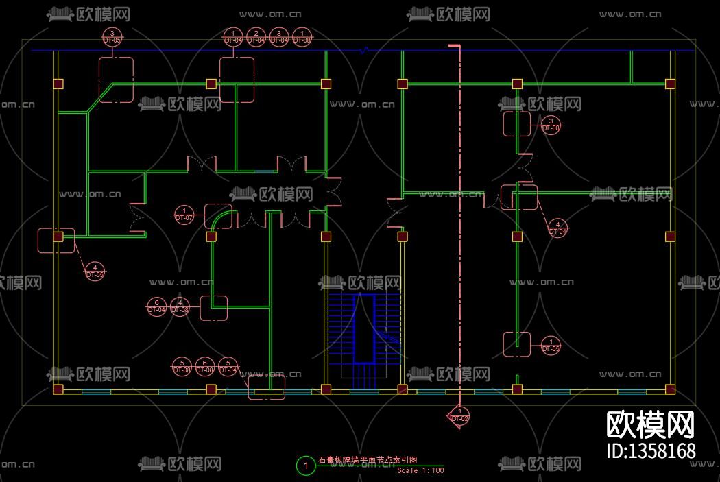 石膏板隔墙节点大样下载（渲染图2）