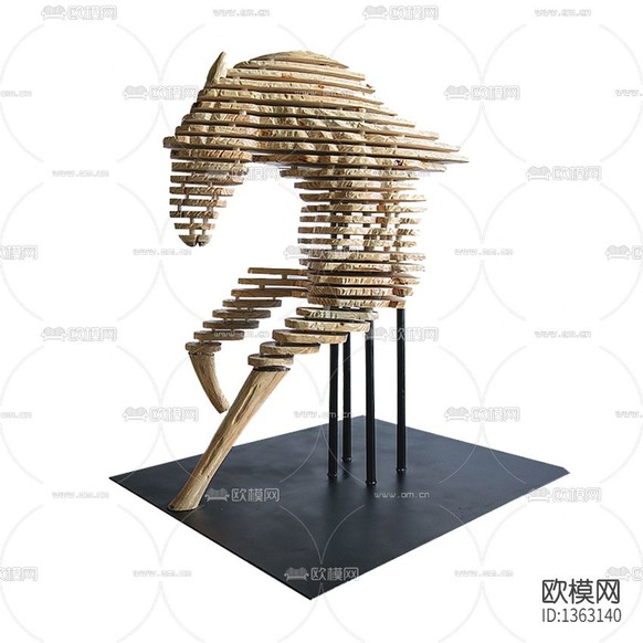 现代轻奢抽象实木骏马雕塑下载(渲染图1)