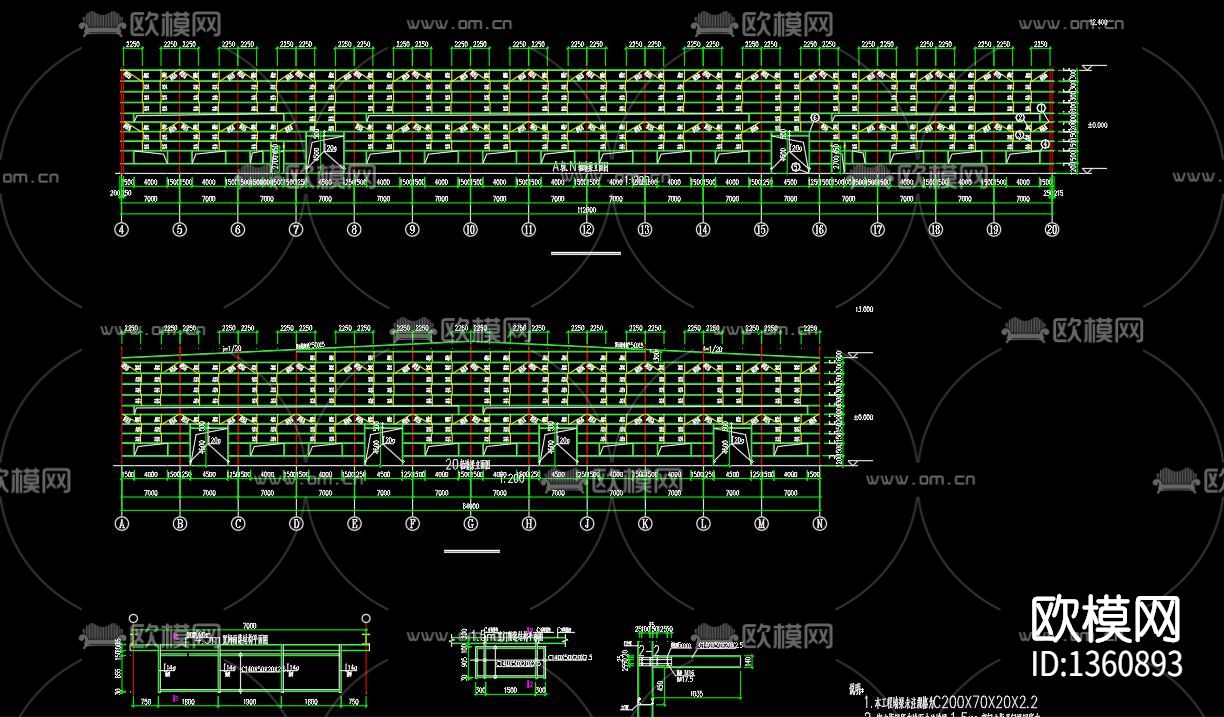 重钢厂房结构cad施工图下载（渲染图10）