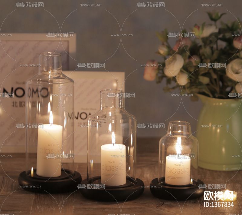 北欧简约实木底座玻璃罩烛台下载（渲染图2）