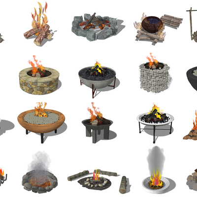  中式篝火柴火堆火焰su模型 