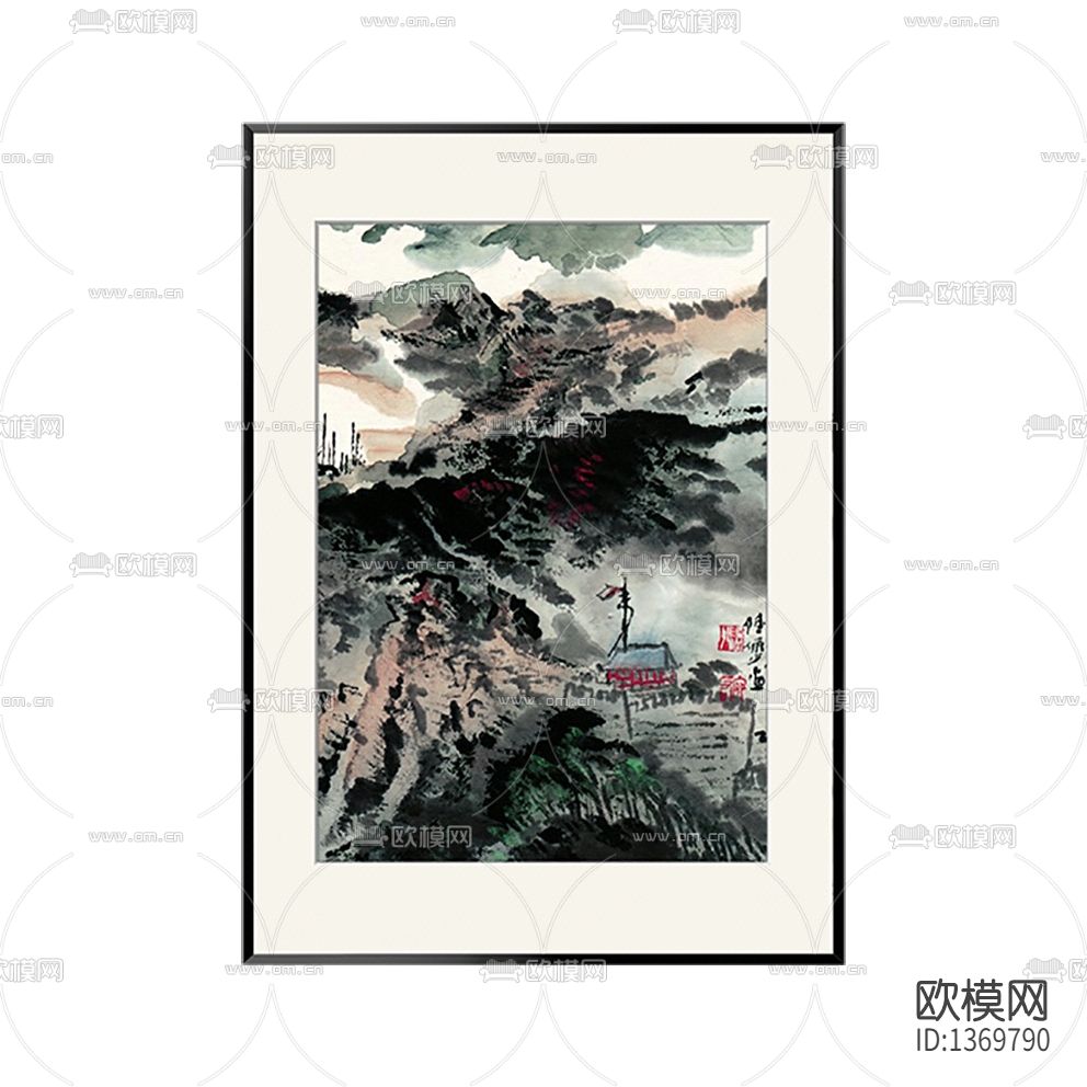 新中式禅意彩色水墨山水画