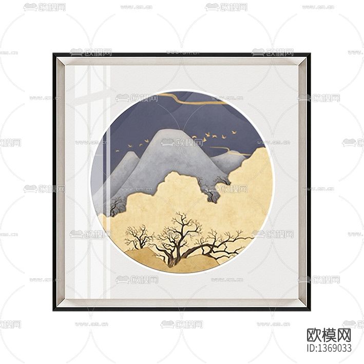 新中式创意山水实物装置画下载（渲染图1）