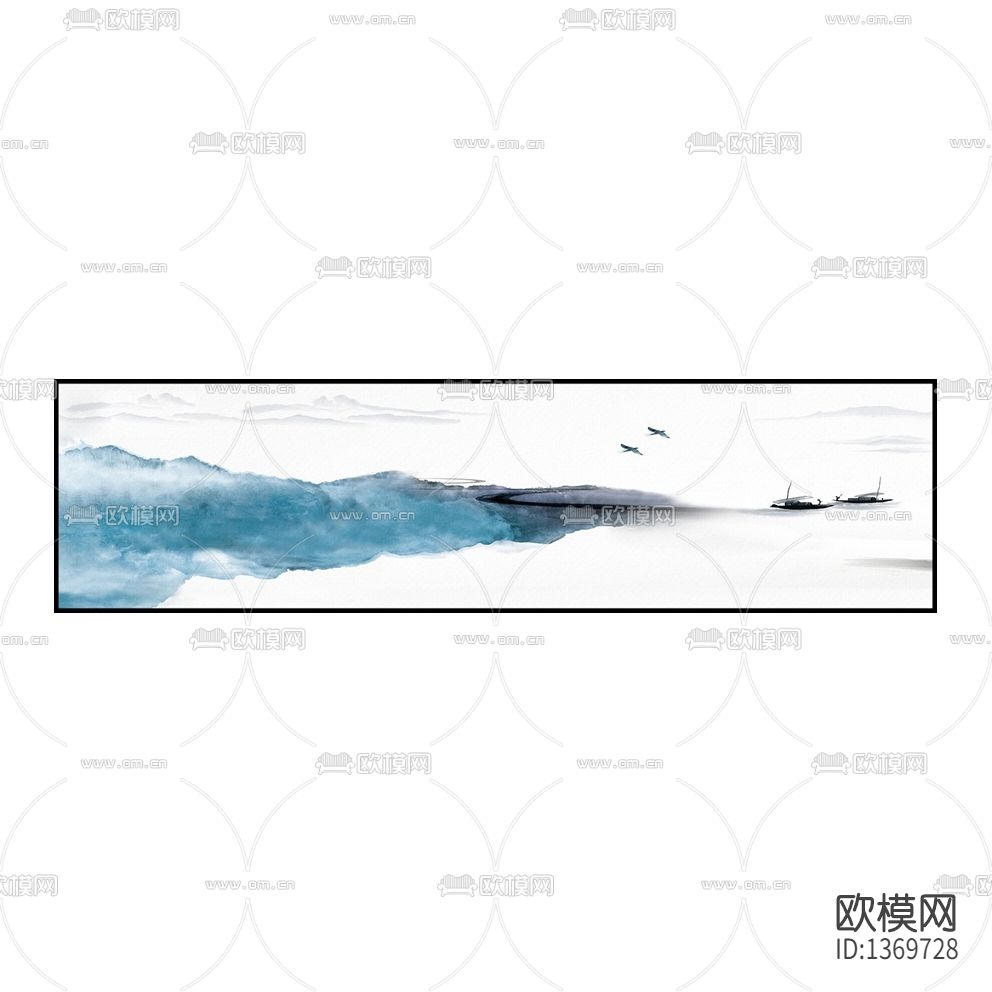 新中式禅意深蓝色四联水墨山水画