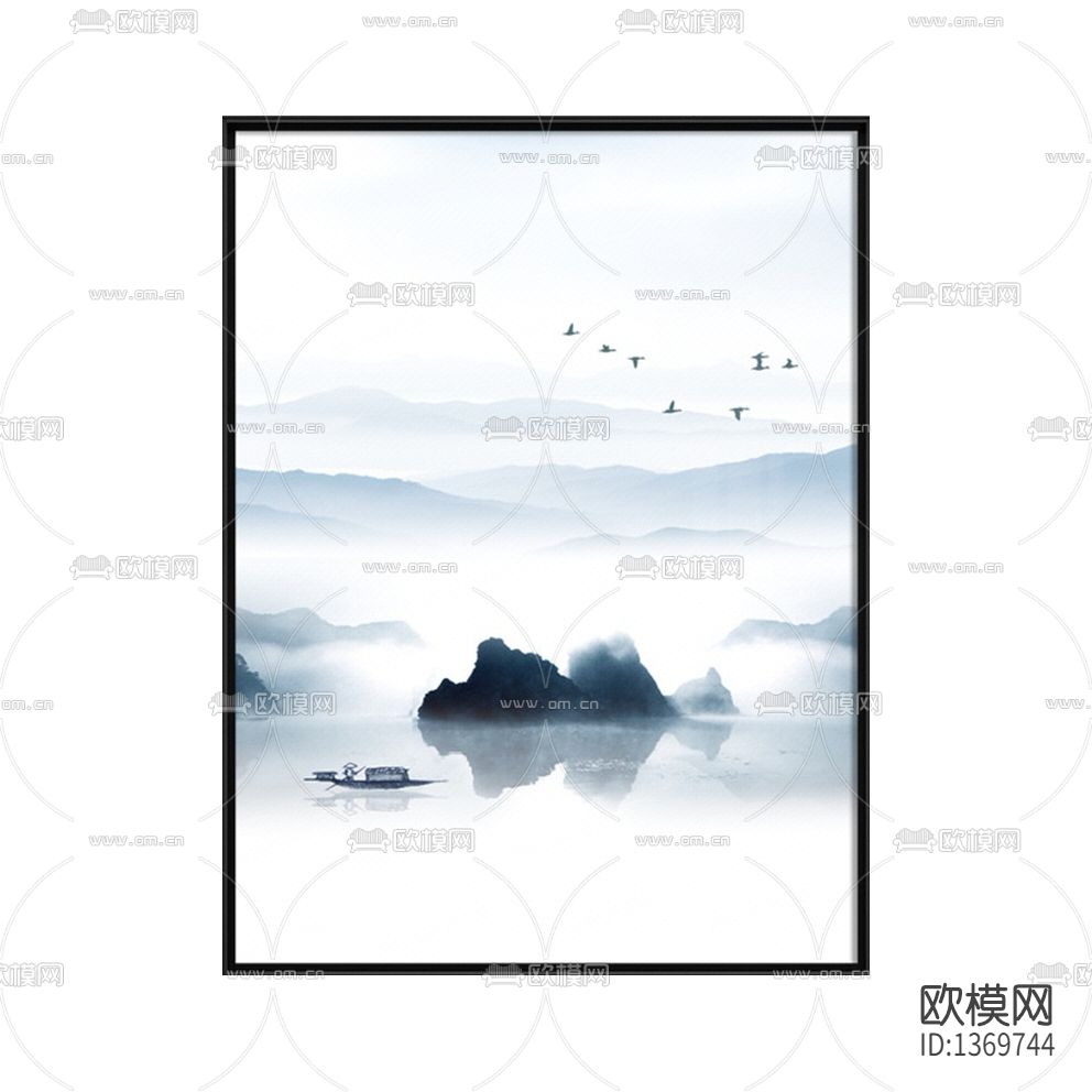新中式禅意深蓝色水墨山水画