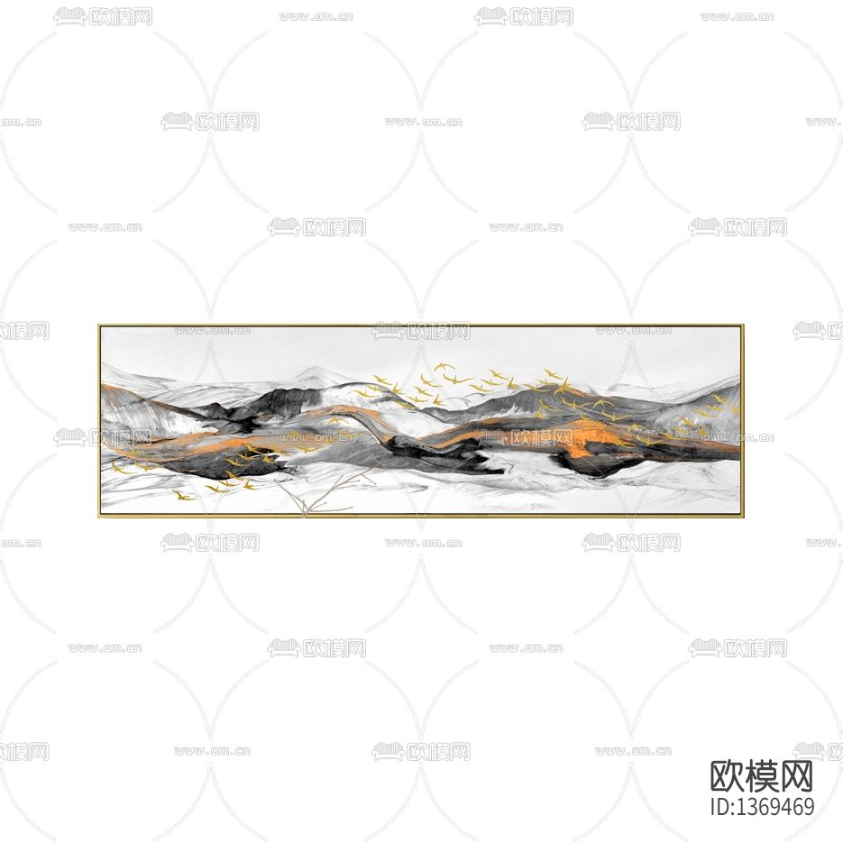 新中式轻奢水墨山水飞鸟抽象画