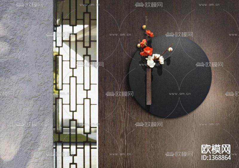 新中式极简黑色圆形实木壁挂花器下载（渲染图2）