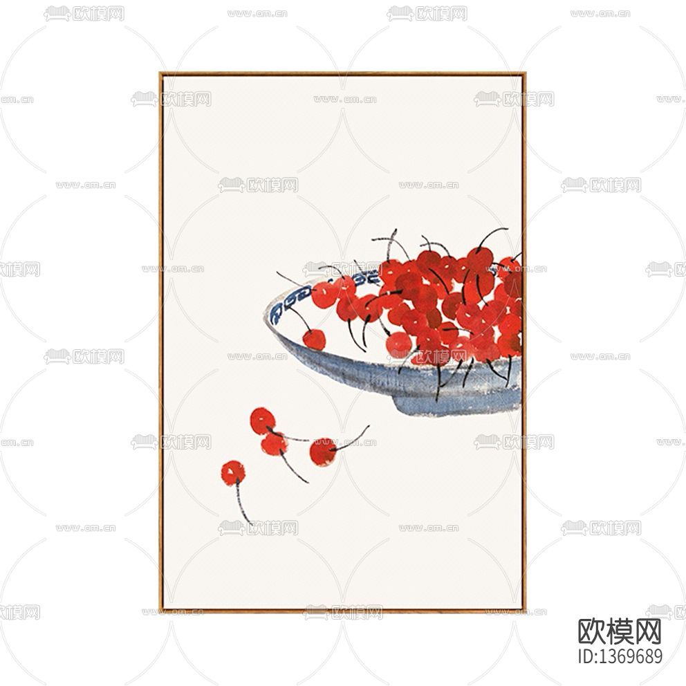新中式禅意樱桃彩色水墨画
