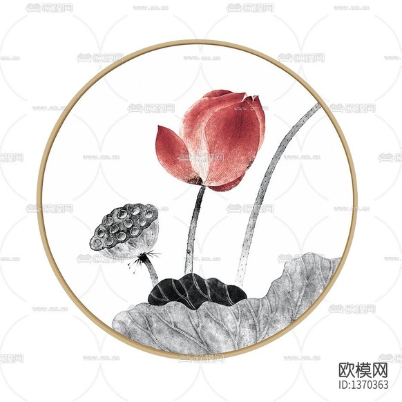 新中式禅意荷花圆框水墨画下载