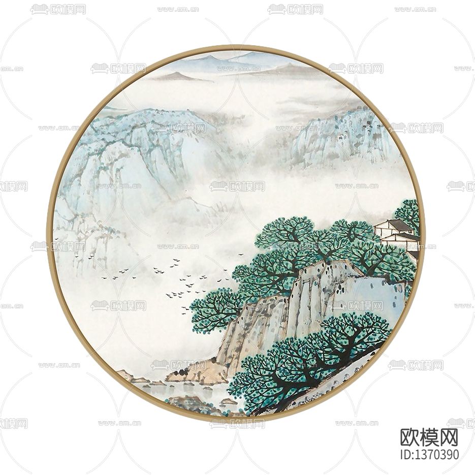 新中式禅意墨蓝色水墨山水画