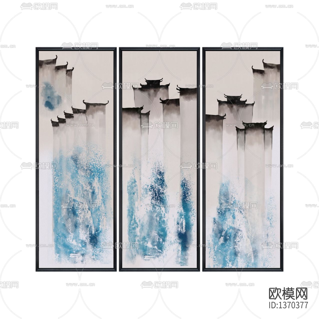 新中式禅意徽派建筑三联水墨画