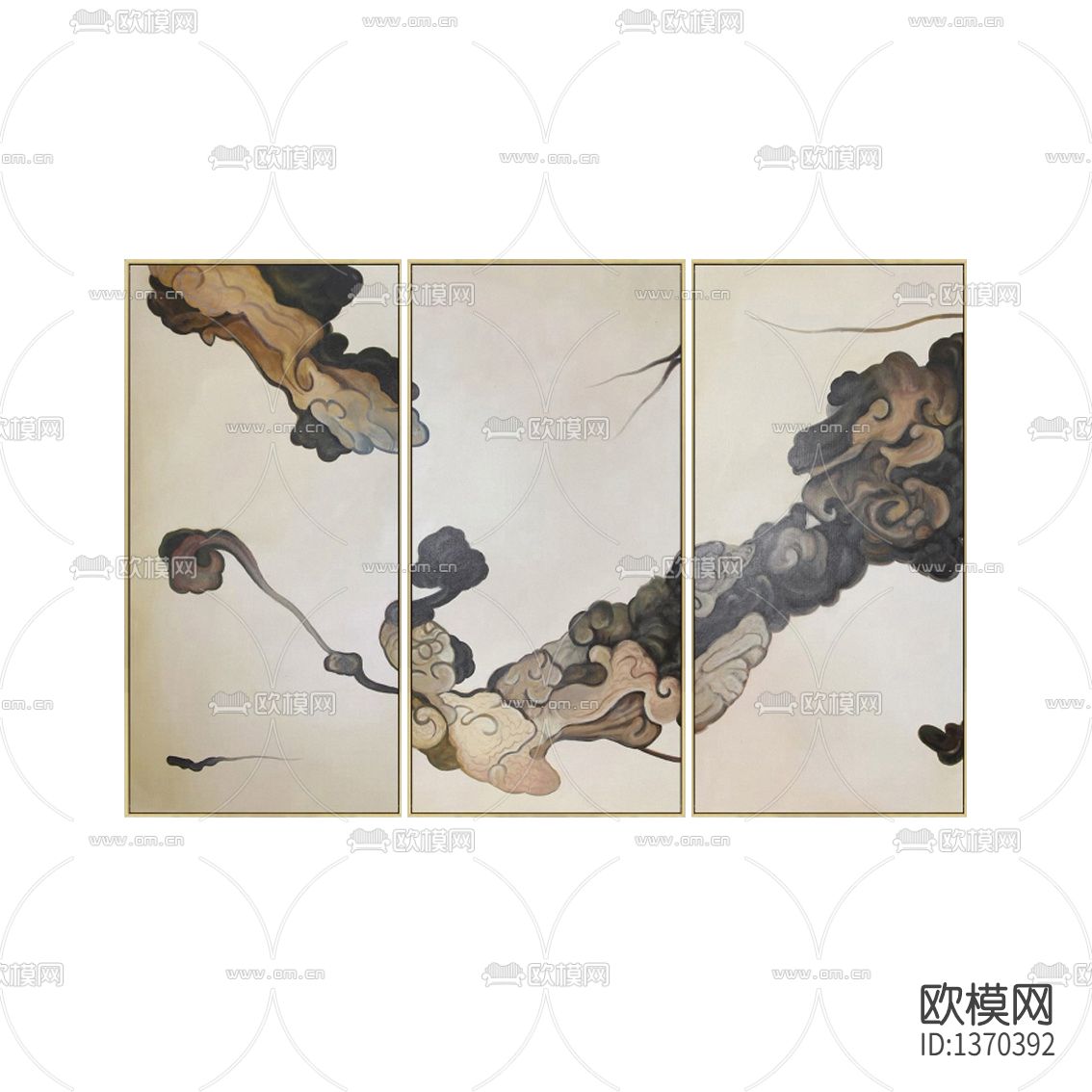 新中式禅意水墨云雾三联国画