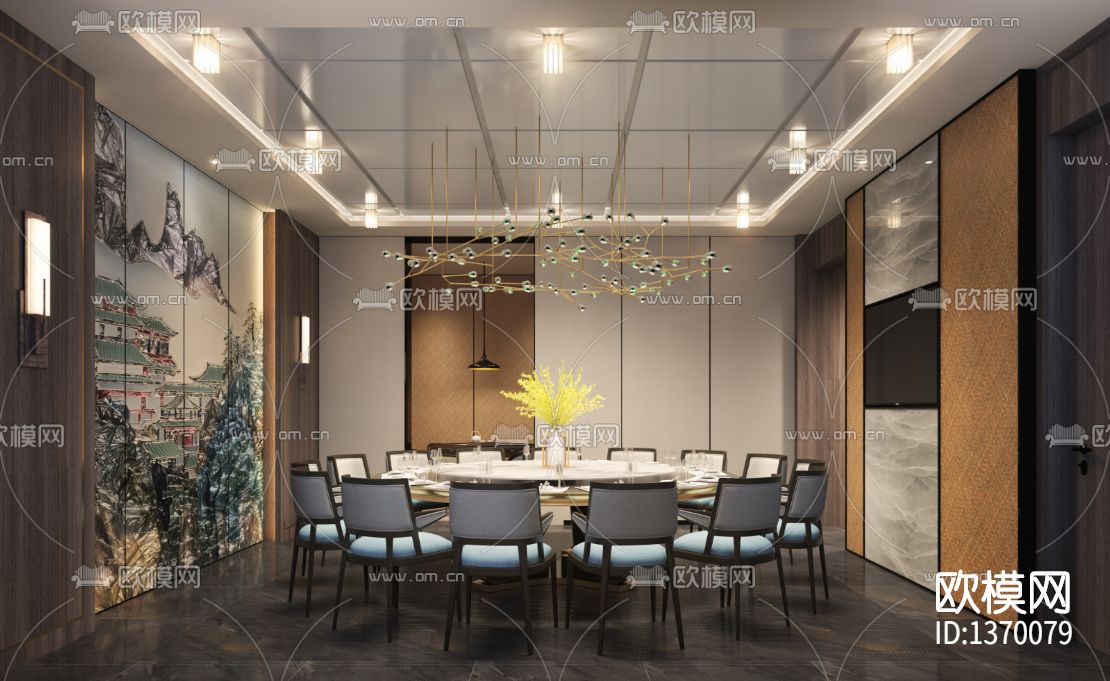 新中式餐厅cad施工图下载（渲染图2）