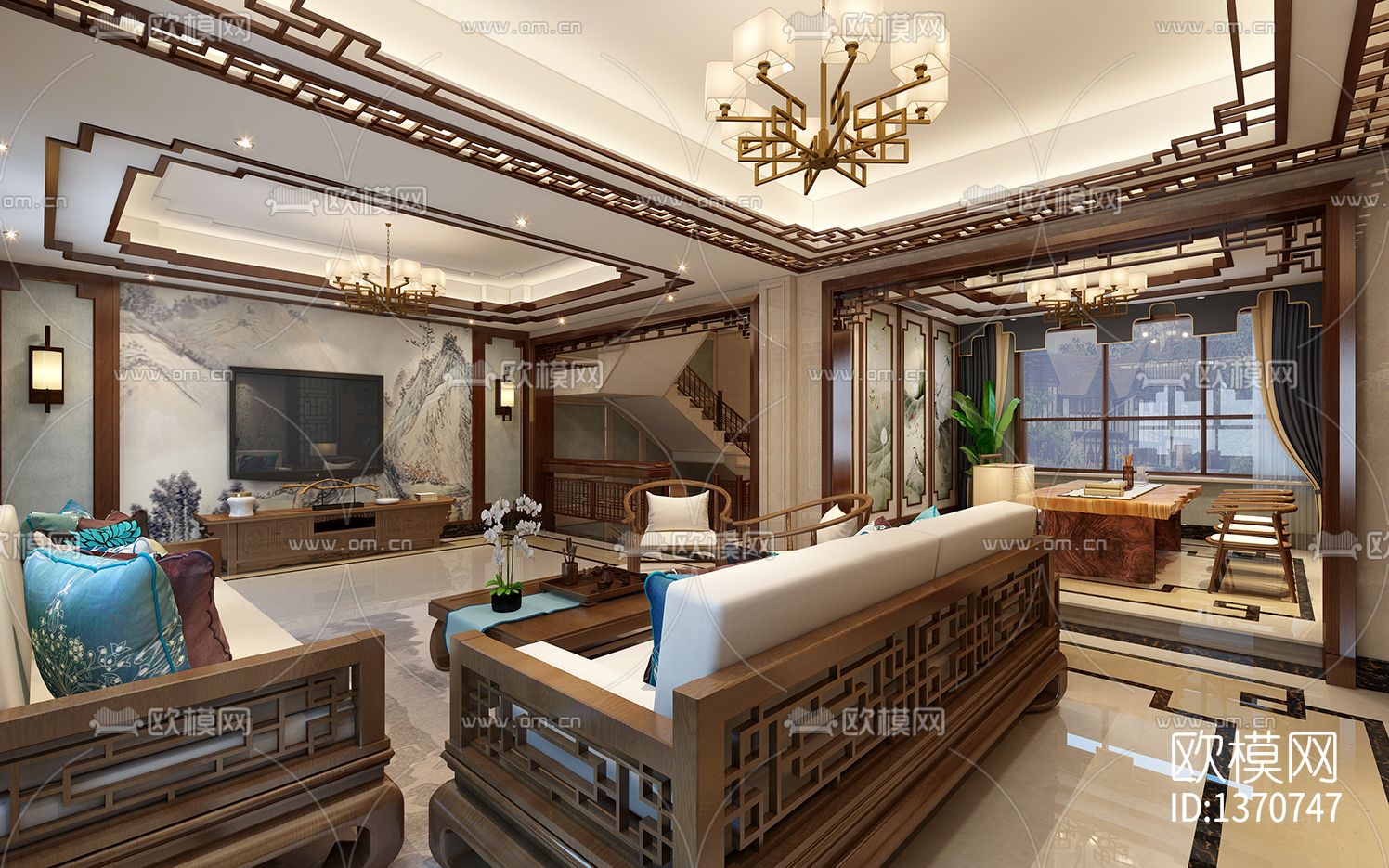 新中式家装cad施工图下载（渲染图6）