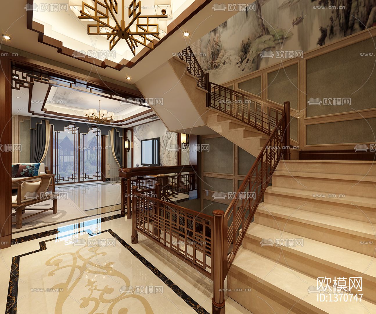 新中式家装cad施工图下载（渲染图7）