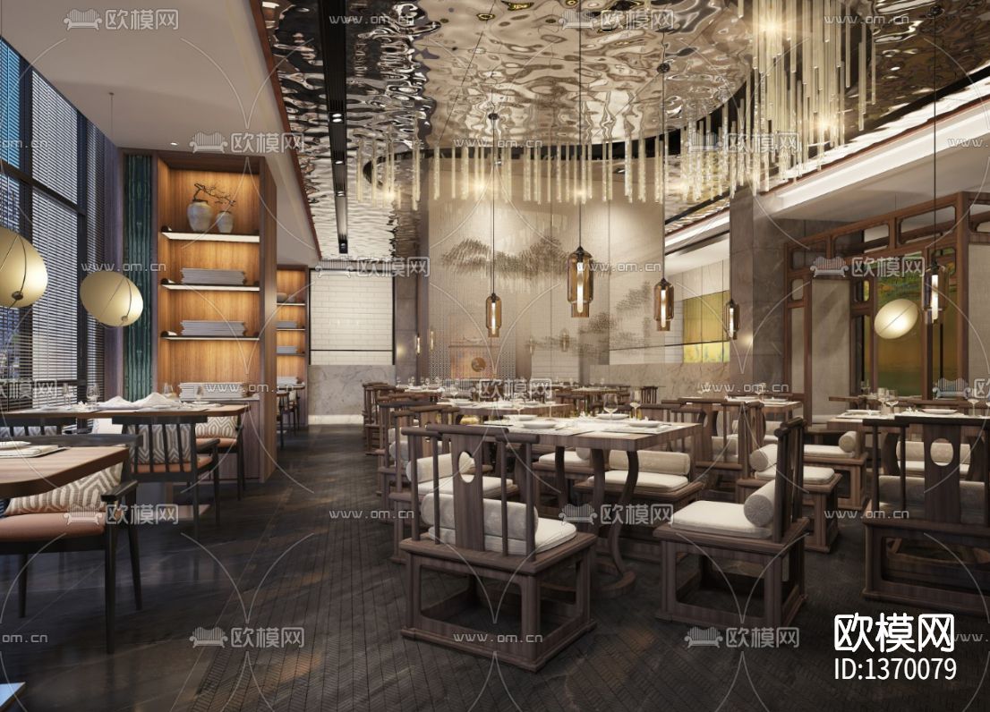 新中式餐厅cad施工图下载（渲染图1）