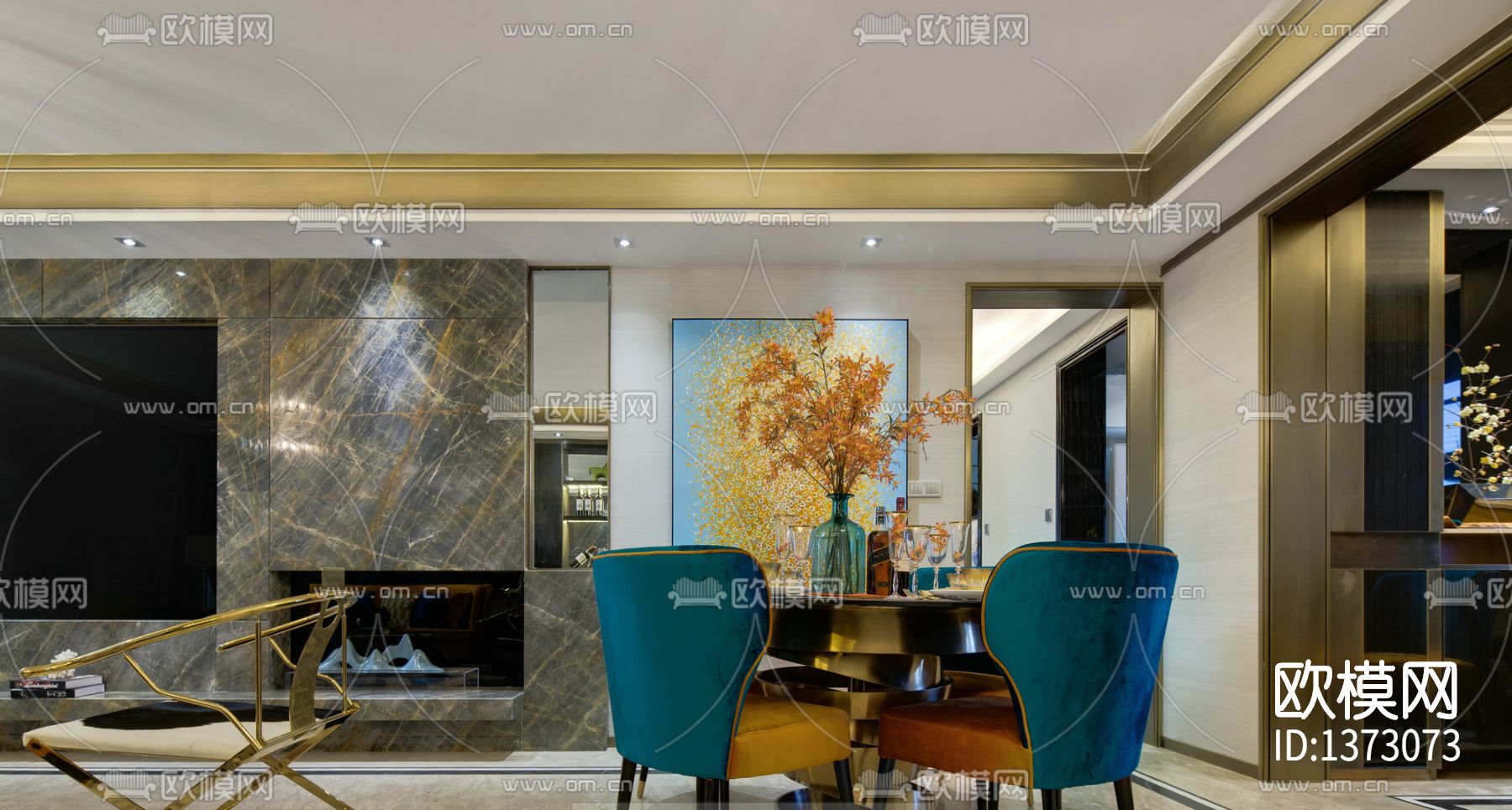 港式台式轻奢样板房cad施工图下载（渲染图3）