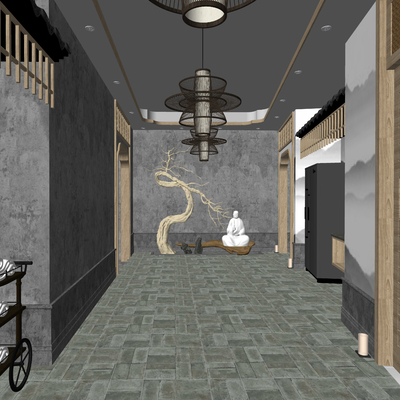  中式走廊过道su模型 