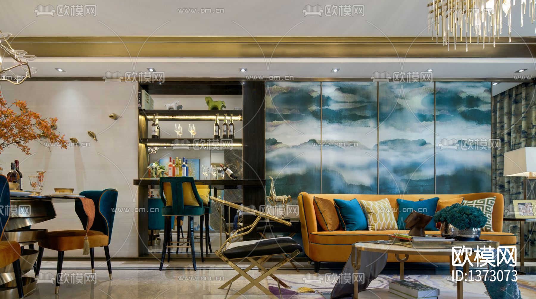 港式台式轻奢样板房cad施工图下载（渲染图2）