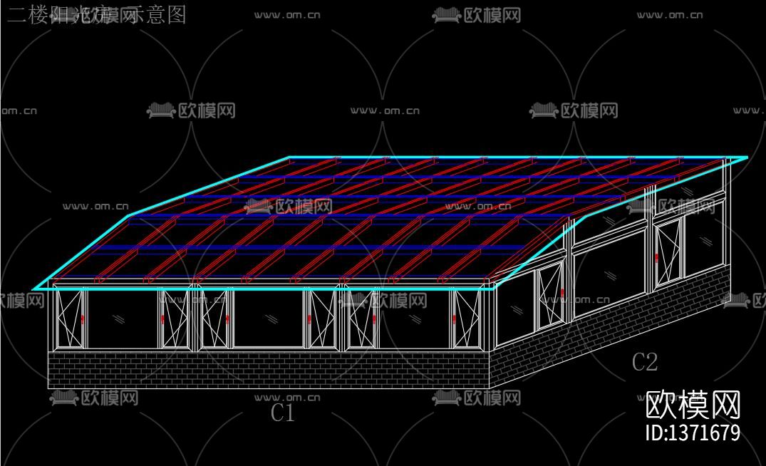 阳光房案例cad图纸下载（渲染图2）