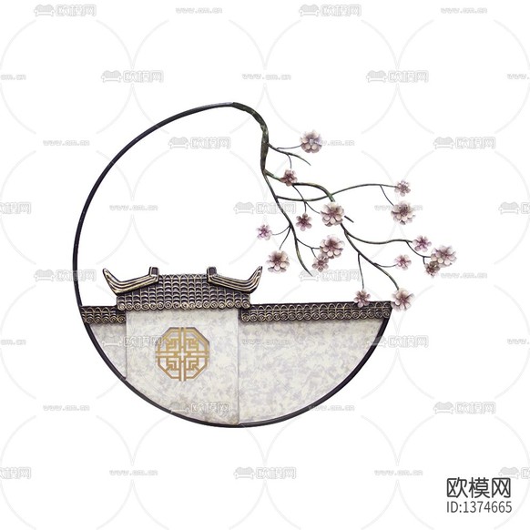 新中式禅意建筑桃花壁饰下载