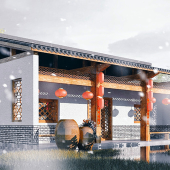 新中式农家乐民宿客栈外观3d模型