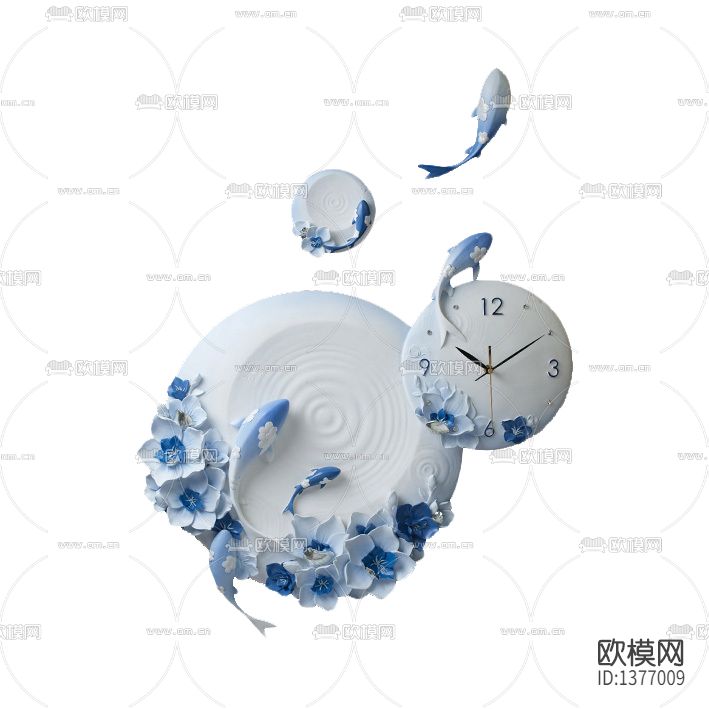 新中式陶瓷荷花锦鲤浮雕挂钟