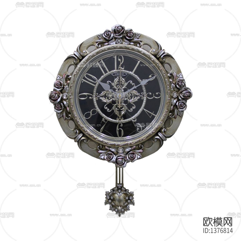 法式复古实木雕刻金属花艺挂钟下载