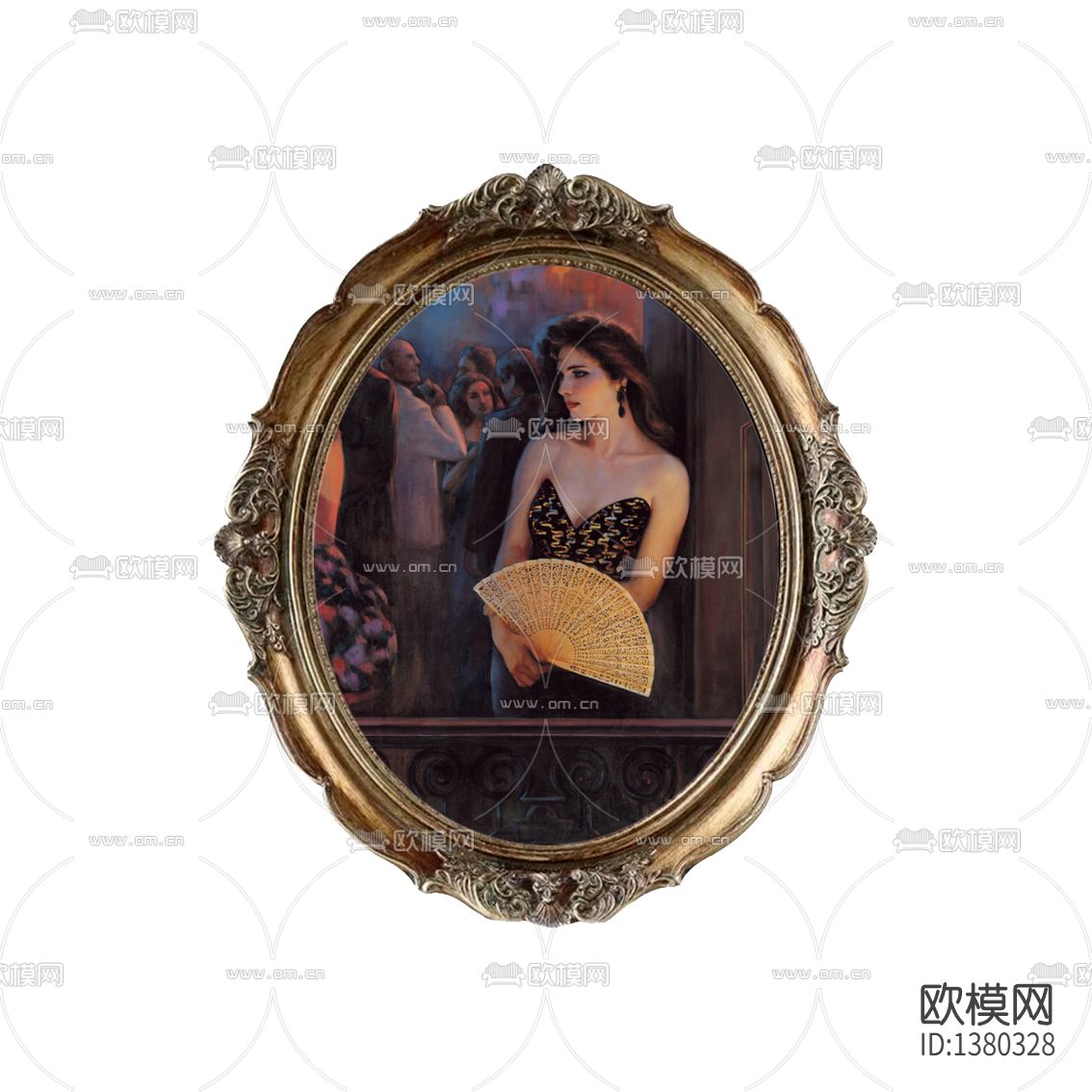 歐式復(fù)古實木雕刻圓形畫框少女肖像油畫下載