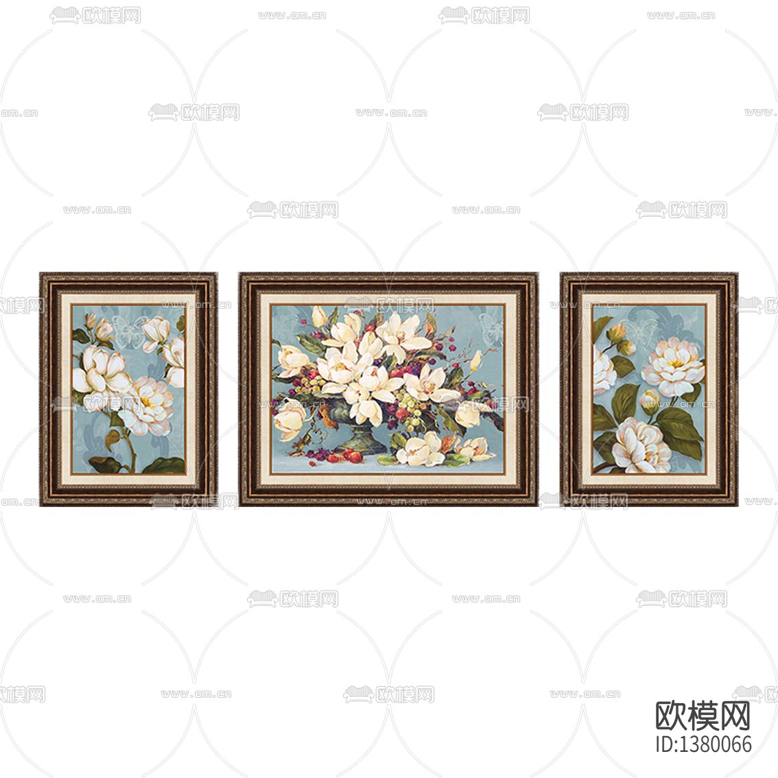 美式复古实木雕花画框手绘花艺三联油画下载