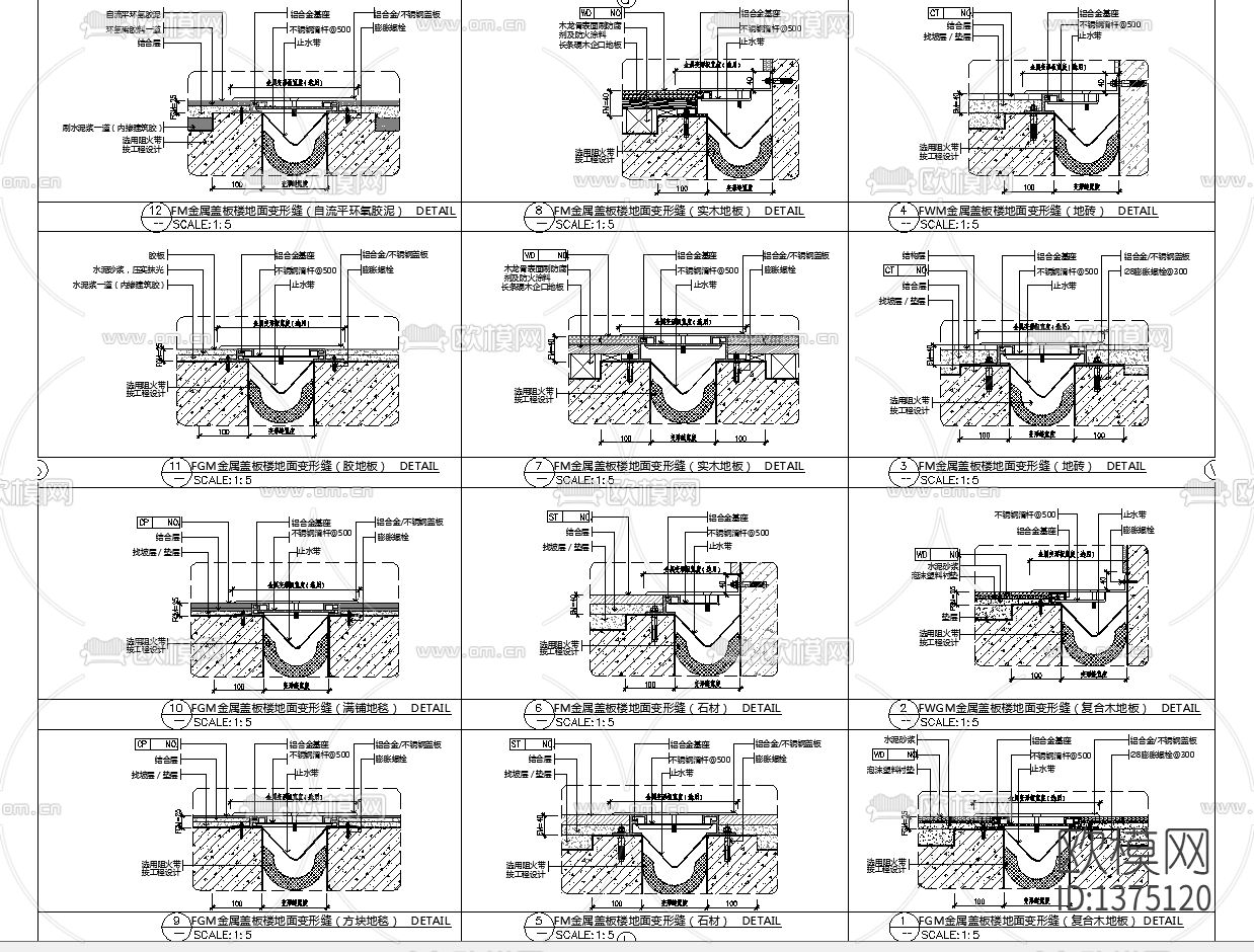 天花地面墙面变形缝cad节点图下载（渲染图1）